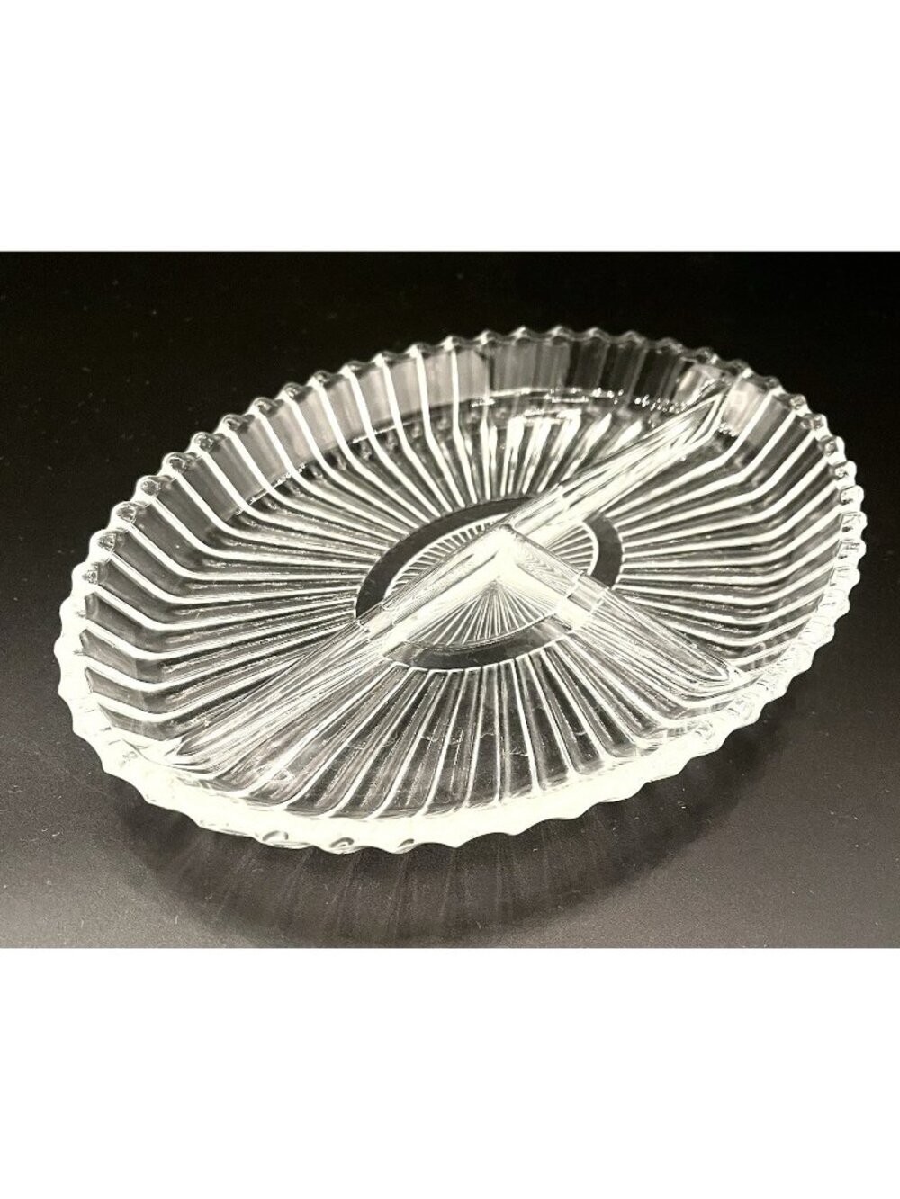 Retro Starburst Pressed Glass Divided Relish Dish 8.5” Scalloped Edge Ribbed